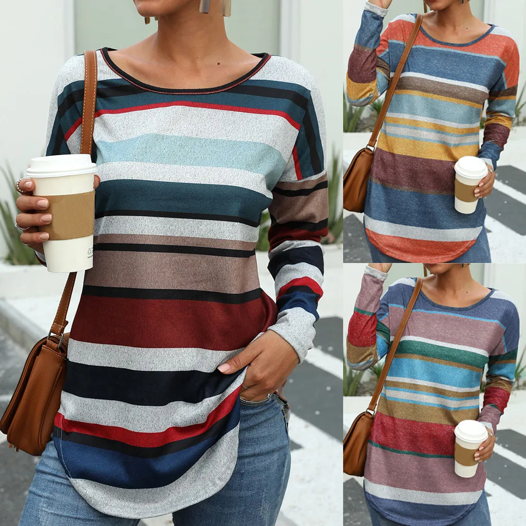 Женская цветная полосатая футболка с круглым вырезом и длинным рукавом тонкая
