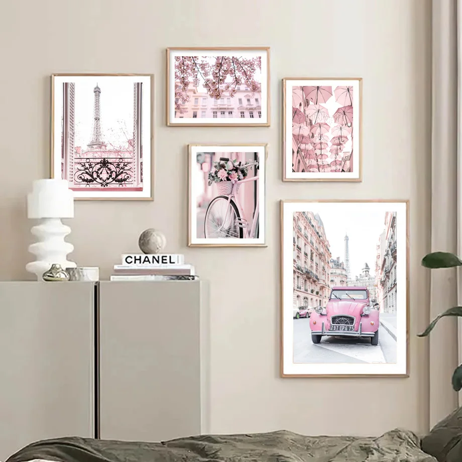 

Pink Building Landscape Iron Tower Car Umbrella Bike Cherry Blossom Wall Art Canvas Painting Wall Pictures For Living Room Decor