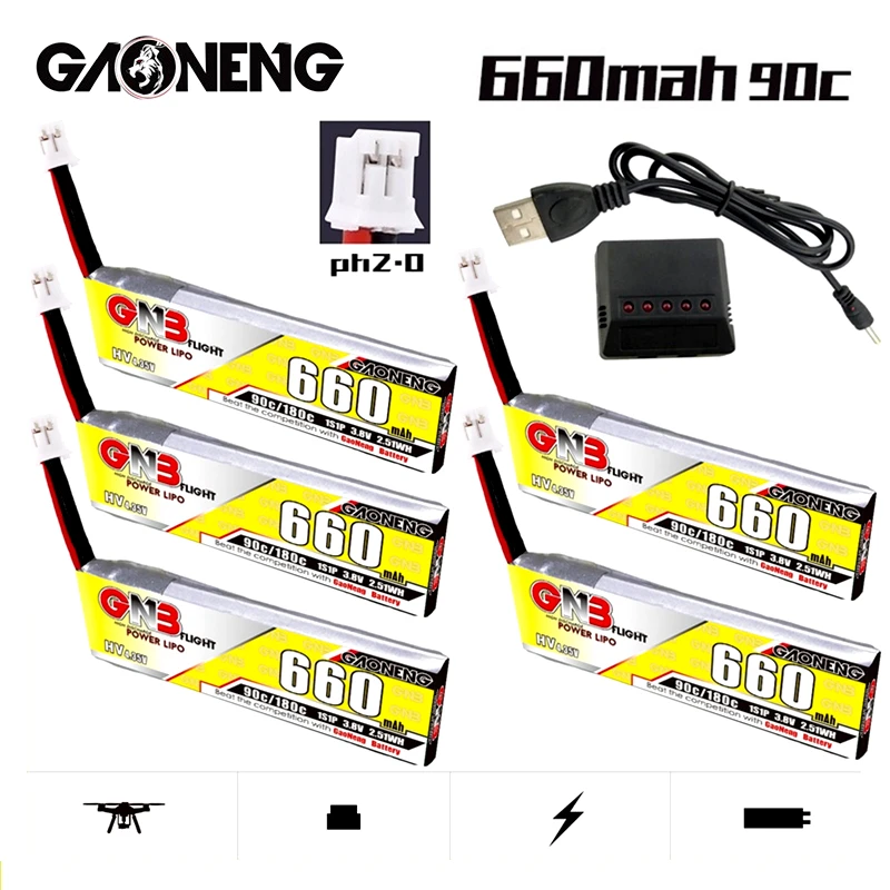 

Gaoneng Gnb HV Lipo Battery Charger Set 3.8V 660mAh 1S 90C/180C 4.35V With PH2.0 Plug For Emax Tinyhawk King Kong Ldarc TINY7