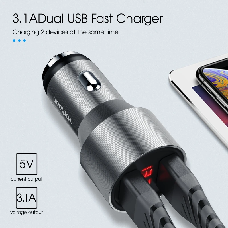 Автомобильное зарядное устройство Vothoon со светодиодным дисплеем и двумя USB