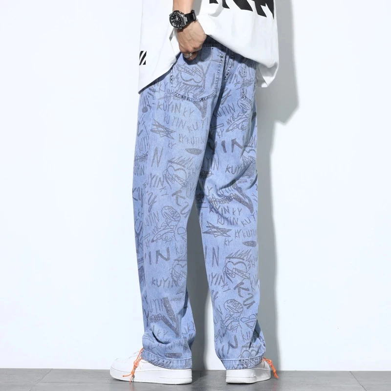 Men's Jeans 2021 Spring Autumn New Wide-Leg Jeans Trendy Brand Ins Trend Full-Print Loose Hip-Hop Straight-Leg Trousers M-5XL