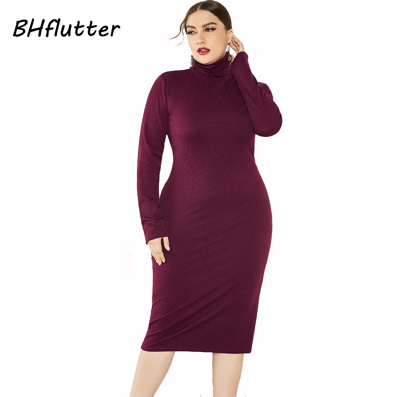 BHflutter 4XL 5XL 6XL Plus Size Winter Dress Women Long Sleeve Turtleneck Knitted Dress Ladies Sexy Bodycon Vintage Dresses