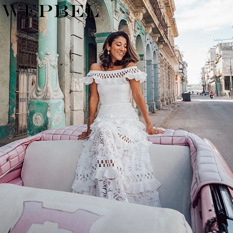 

WEPBEL Ruffle Mesh Button Beach Long Dress Women's Off Shoulder Maxi White Dress Floral Crochet Summer Elegant Lady Dresses