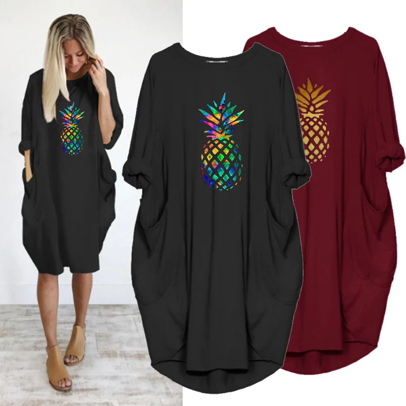 

Women Pineapple Print T-Shirt Dress Autumn Thin Long Sleeve Casual o Neck Pocket Loose Plus Size Girls Midi Vestidos Streetwear