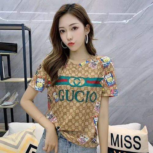 

2021 Summer New Fashion European Heavy Embroidery Hot Drilling T-shirt Women's Fashion Brand Short Sleeve Pink Printing Top