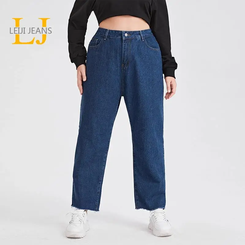 

LEIJIJEANS 2022 Plus Size Fashion Straight Vintage Mid Waist Full Length Loose Boyfriend female Jean Stretch Jeans For Mom Woman