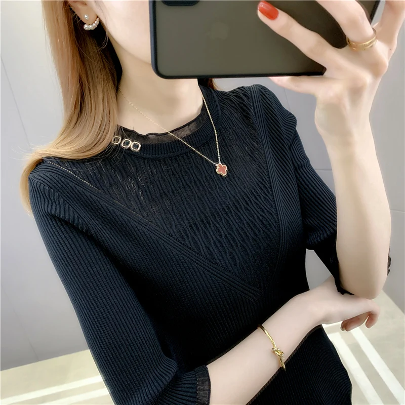 

Room 197986 3 row 3 No.3 middle] real shot solid LACE SHORT SLEEVE Pullover Sweater 32