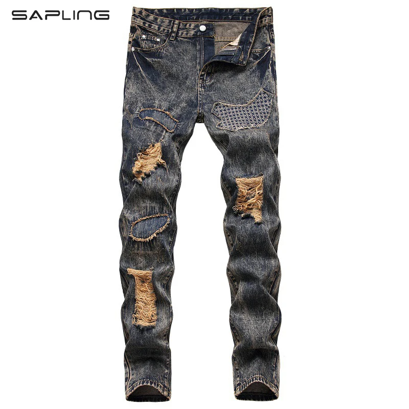 

Fashion Jeans Men's Cotton Ripped Hole Jeans Casual Slim Skinny Vintage Jeans Men Denim Trousers Casual Male Hip Hop Denim Pants