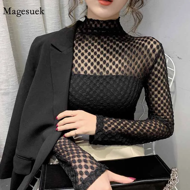 

Sexy Lace Autumn and Winter 2020 Bottoming Shirt Women Turtleneck Lace Blouse New Dot Mesh Tops High Elasticity Shirt 11437