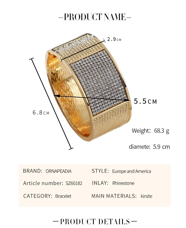 

Punk Charm Lady Bracelet Bangle Wide Side Light Luxury Sticker Rhinestone Two-tone Gold-plated Exaggerated Female Bangle Jewelry