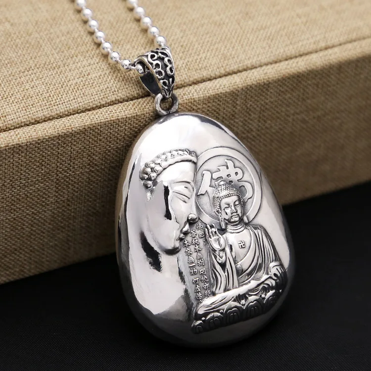 

99 Sterling Silver Jewelry Heart Pendant Amitabha Carving Sweater Chain Men And Women Retro Thai Silver Pendant