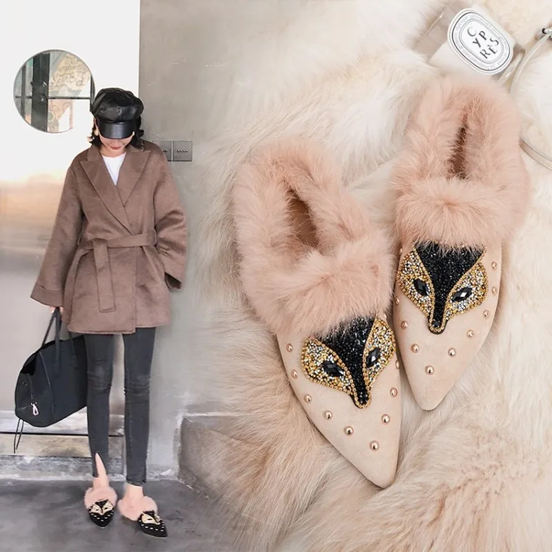 Женские Кристальные заклепки из натуральной замши с кроличьим мехом стразы