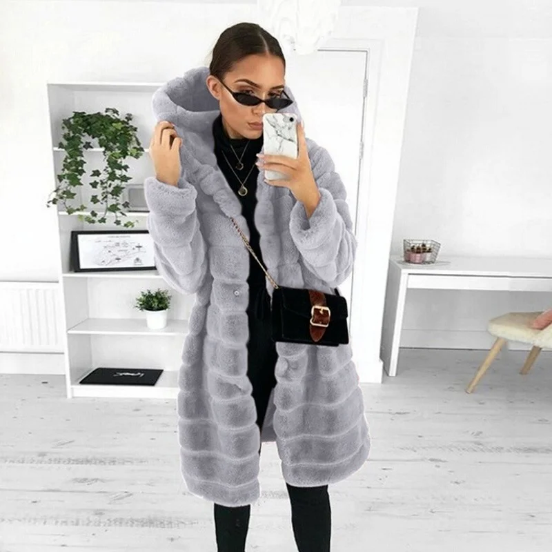 

Retro Imitation Mink Fur Long Coats Outcoats Women Solid Colors Hooded Fashion Faux Fur Coats Big Pocket Casual Commute Outwears