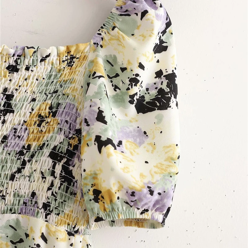 

Evfer Women Fashion Flower Print Summer Yellow Long Dress Female Elegant Short Puff Sleeve Elastic Bust High Waist Slit Dresses