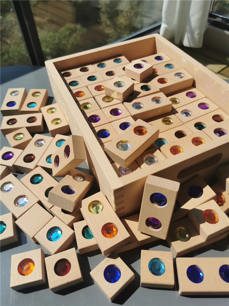 Bloques de construcci&oacute;n de piedras brillantes de acr&iacute;lico para ni&ntilde;os, juguete Montessori de madera, piedras preciosas de madera, bloques de construcci&oacute;n de diamantes de cristal de arco&iacute;ris-0