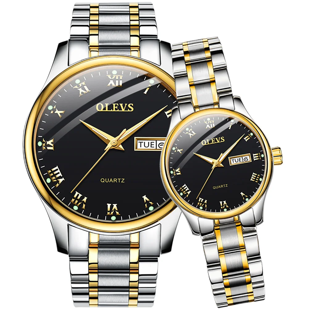 OLEVS Couple Watch Two Tone Stainless Steel Band Fashion Waterproof His and Her Quartz Wristwatch Set for Lovers One Pair