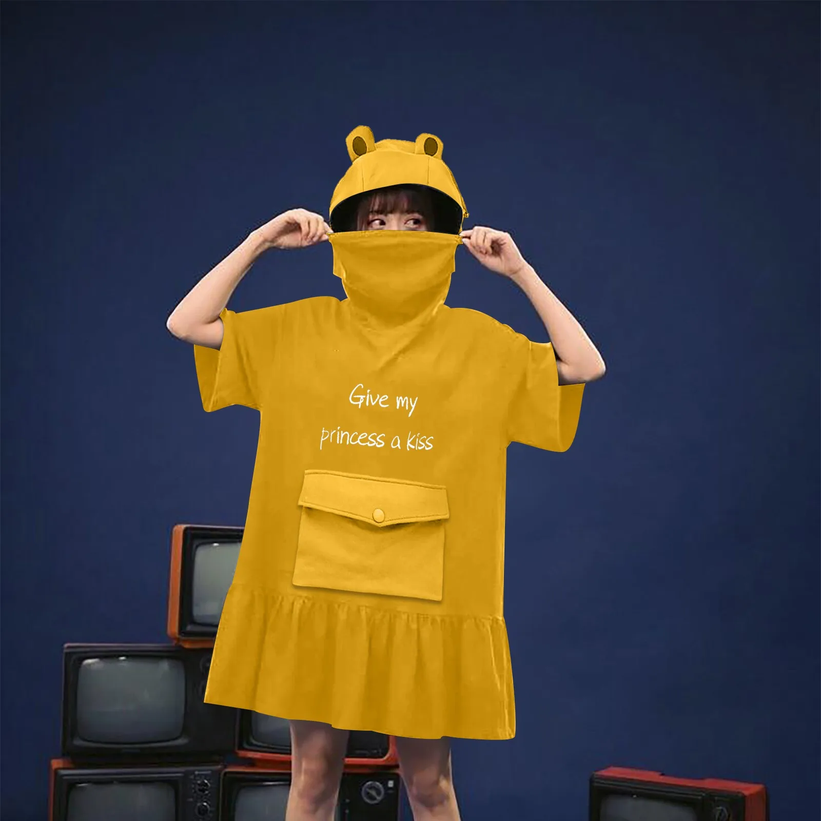 

Women's Embroidery Stitching Three-dimensional Pocket Cute Design Dress Kawaii Loose Summer Dresses Short Sleeve Mini Dress