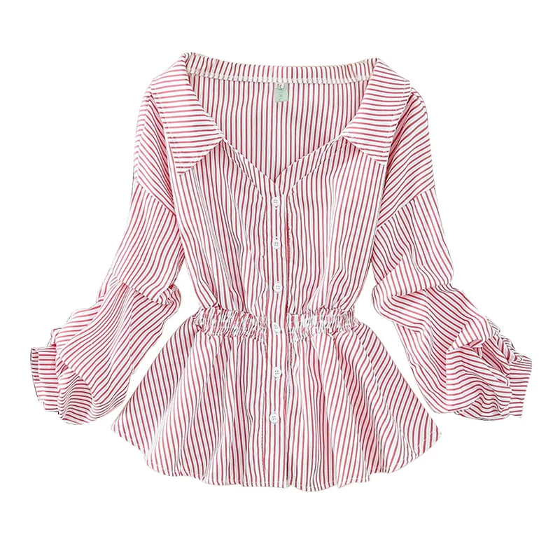 

Womens Tops And Blouses Striped Bubble Sleeve Turn Down Collar Shirt 2021 Blusas Mujer Chic Woman Blouse Fashion Elegant Top