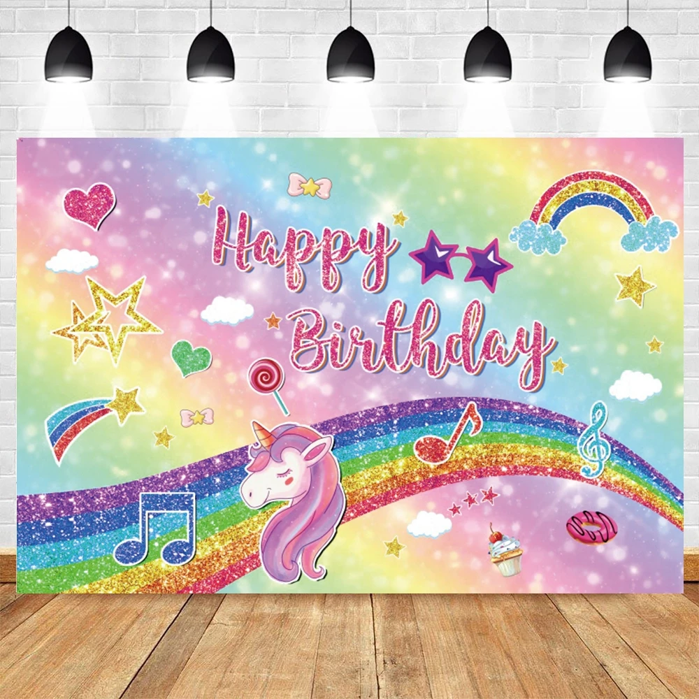 

Rainbow Unicorn Star Cloud Music Cake Donuts Newborn Baby Shower Birthday Background Photography Backdrop Vinyl Photophone Props