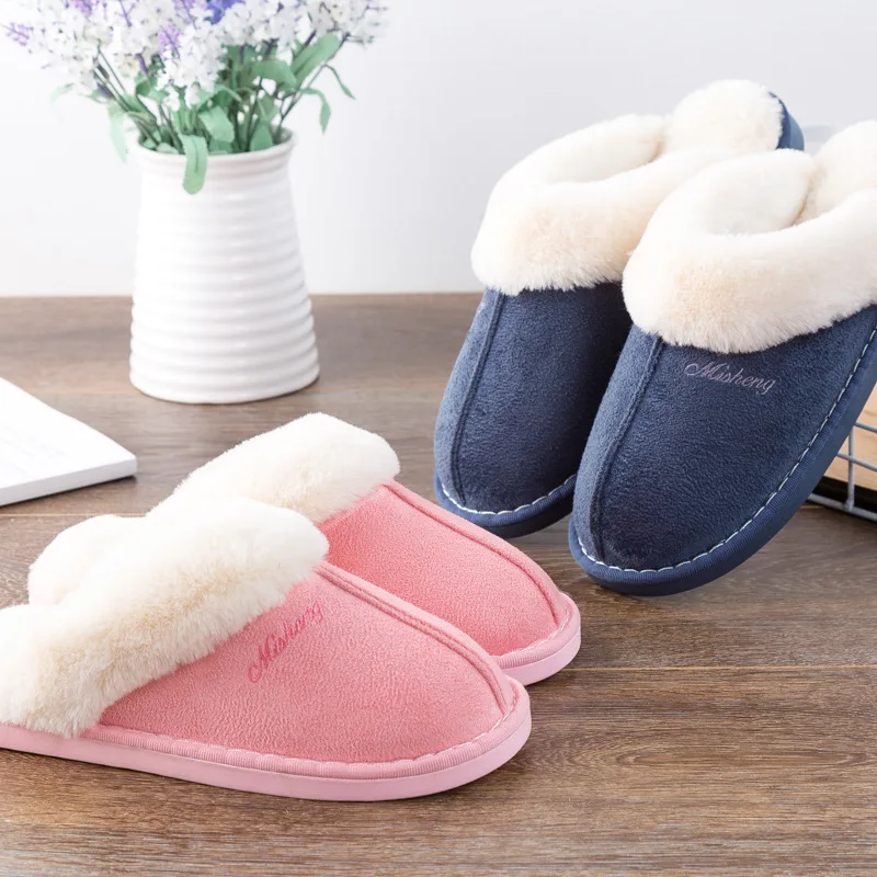 

2021 Winter Home Furry Cotton Slippers Women Plush Slides Couples Lovers Thicken Hairy Flat Shoes Man House Non-Slip Slippers