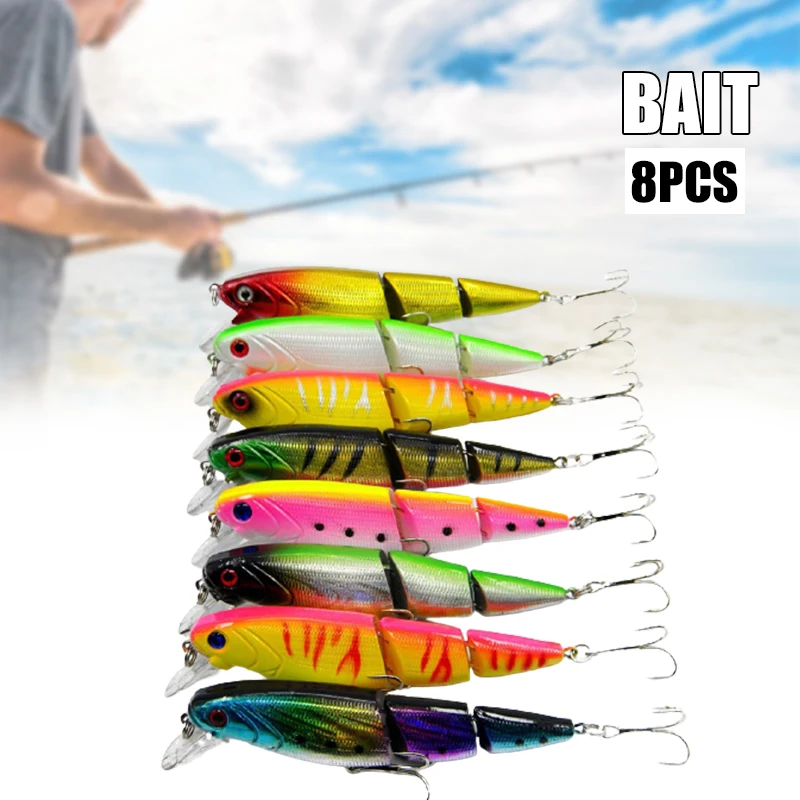 

8 шт., поддельные рыболовные приманки, 3 секции, воблер, приманки с колокольчиком, жесткие рыболовные принадлежности для окуня, лосося, форели...