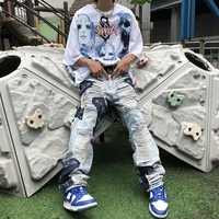 american hiphop pants male ins sweet cool high street stitching patch straight loose hole jeans trousers tide