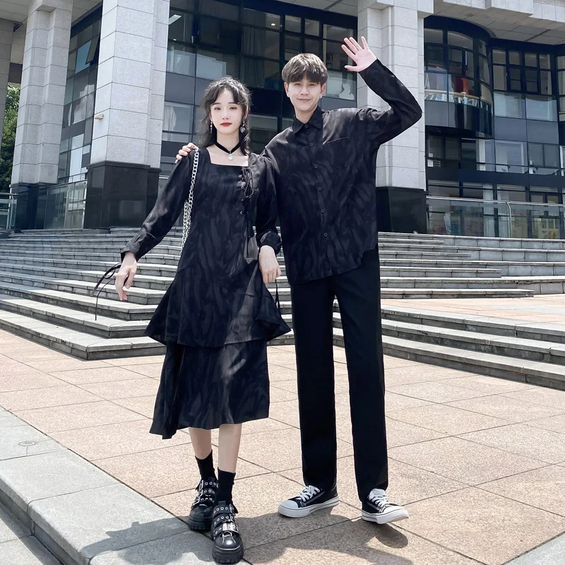 

Парная одежда для старшей школы, готическое черное платье, корейские модные рубашки с длинным рукавом, комплект одежды для молодых женщин