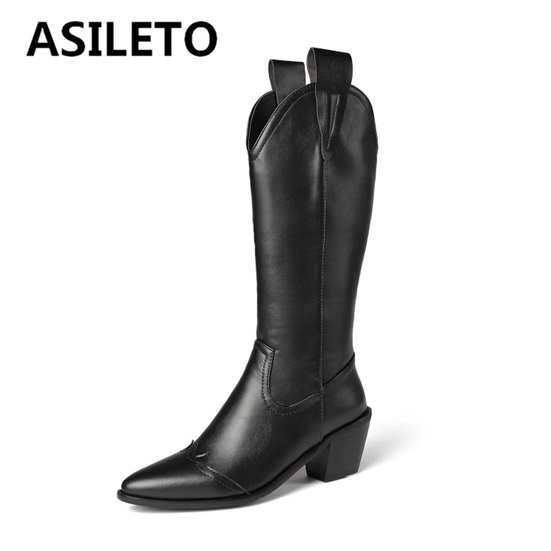 

ASILETO 2021 Fashion Knee Boots Pointed Toe Chunky Heel PU Slip-On Solid Big Size 34-46 Black Brown Apricot Party Autumn S2639
