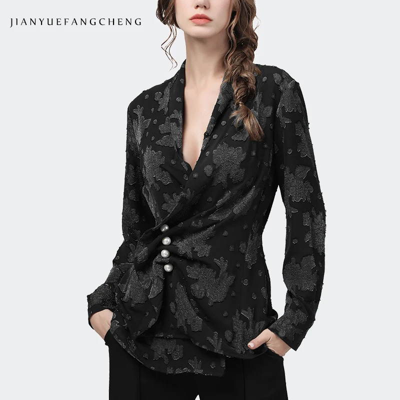 

Fashion Blue Embossed Women' Shirt Long Sleeve Sexy Deep V-Neck Pearls Button Irregular Top Ladies Office Casual Vintage Blouses