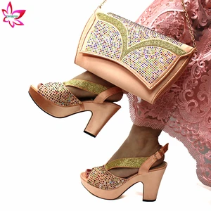 2021 Concise Style African Women New Design Shoes and Bag Set in Peach Color with Shinning Crystal for Wedding Paraty