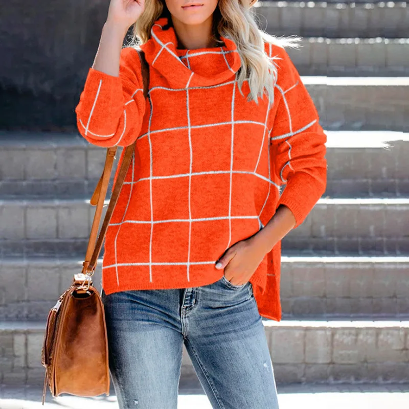 Женский пуловер свитер водолазка в клетку с длинным рукавом Свободные