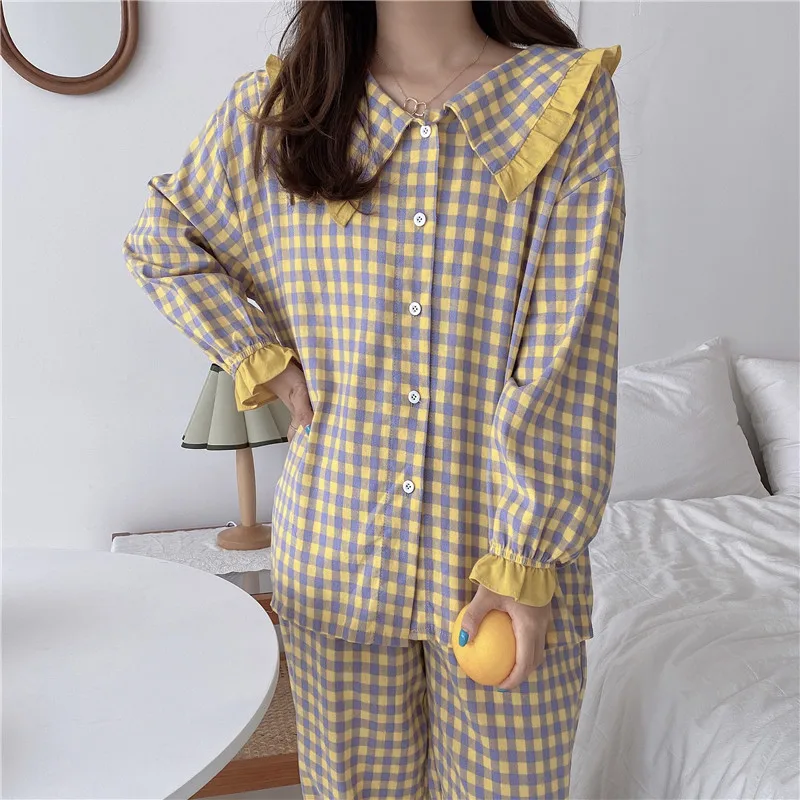 

Pyjamas Women Soft Cotton Home Wear 2021 Autumn Winter Pijama Female Pants Suit Lapel Plaid Pajamas Set Sleepwear