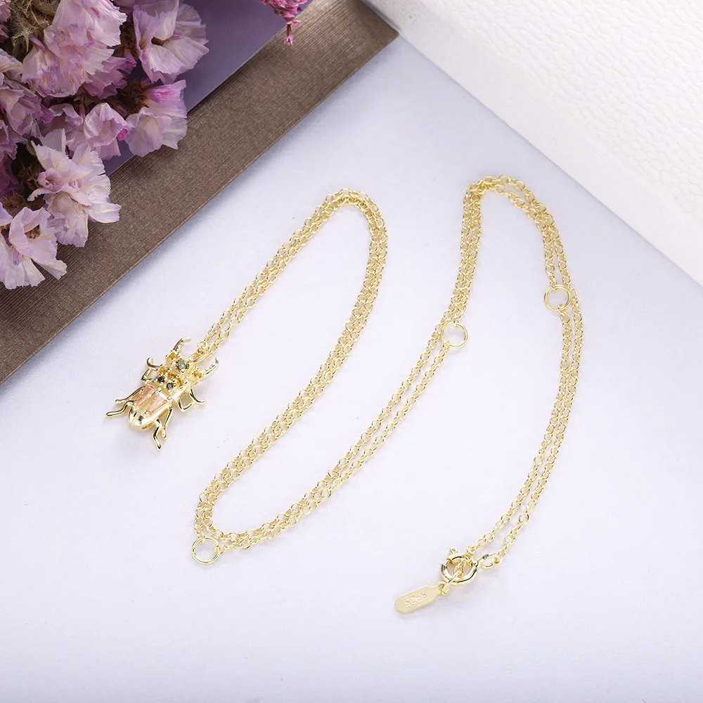 

SHADOWHUNTERS Real 925 Sterling Silver Gold Color Women Necklaces Insect Beetle Pendant Necklace With Pink Zircon Unique Jewelry