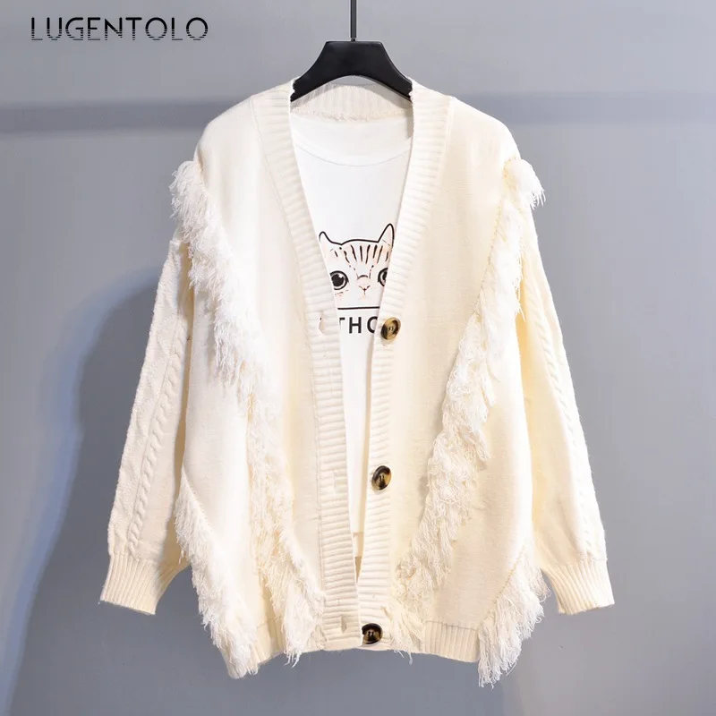 Lugentolo Ladies Sweater Casual Loose Student Jacket Fashion Tassel Knit Cardigan Solid Color |