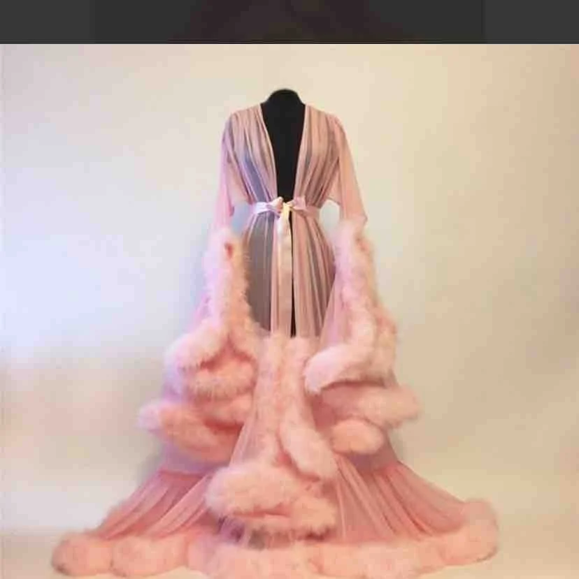 

BathGown Pink Fur Women's Feather Edge Illusion Long Bridal Robe Wedding Scarf New Custom Made