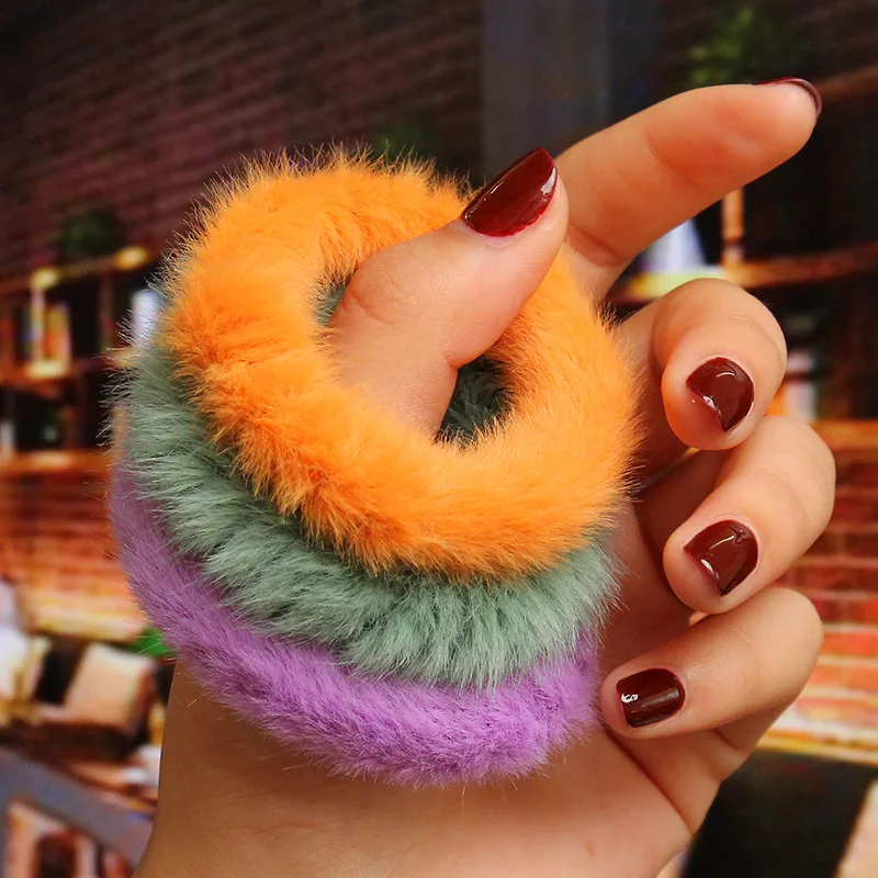 2019 Новый меховой волосатый обруч для волос Scrunchie для женщин девочек эластичные резинки Gum крепежи для хвоста зимние однотонные.