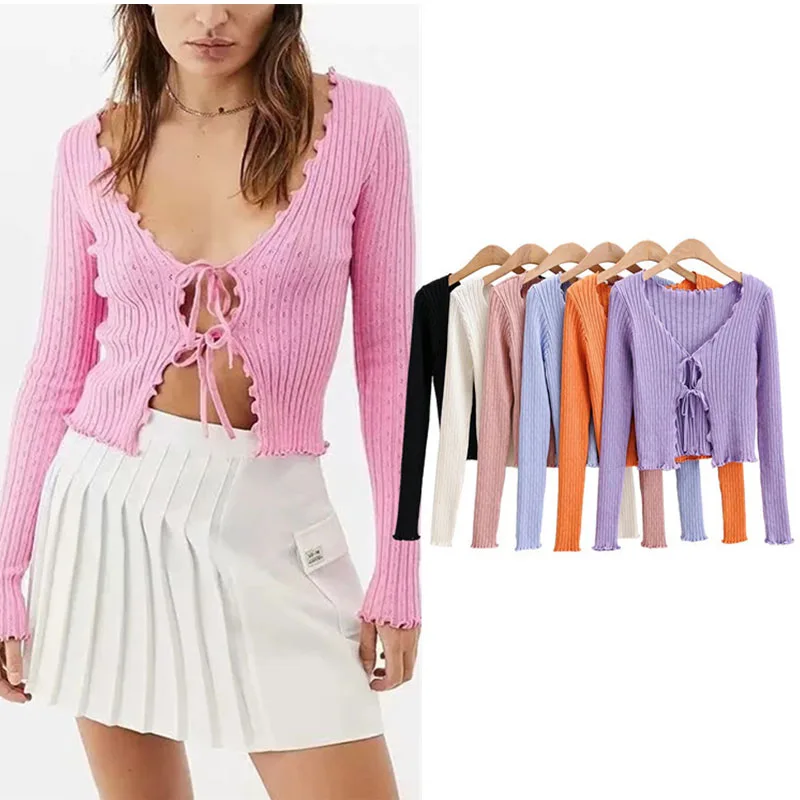 Сексуальный укороченный топ на шнуровке с бантом и разрезом осень 2020 Женский