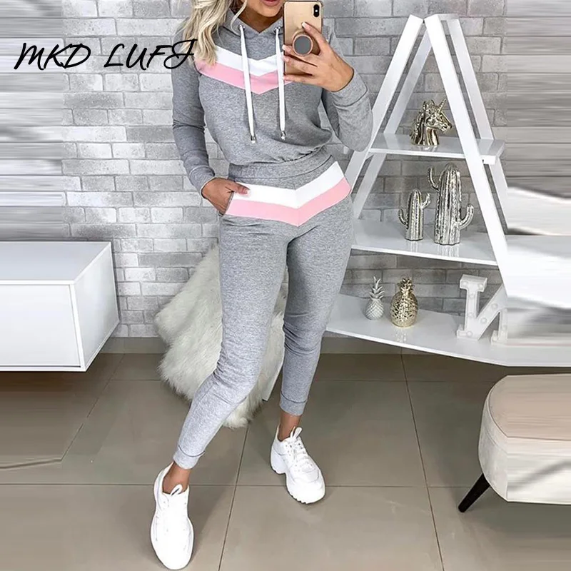 

Colorblock Hooded Top & Pocket Design Pants Set Casual Sporty Women Two Piece Outfits Tracksuits