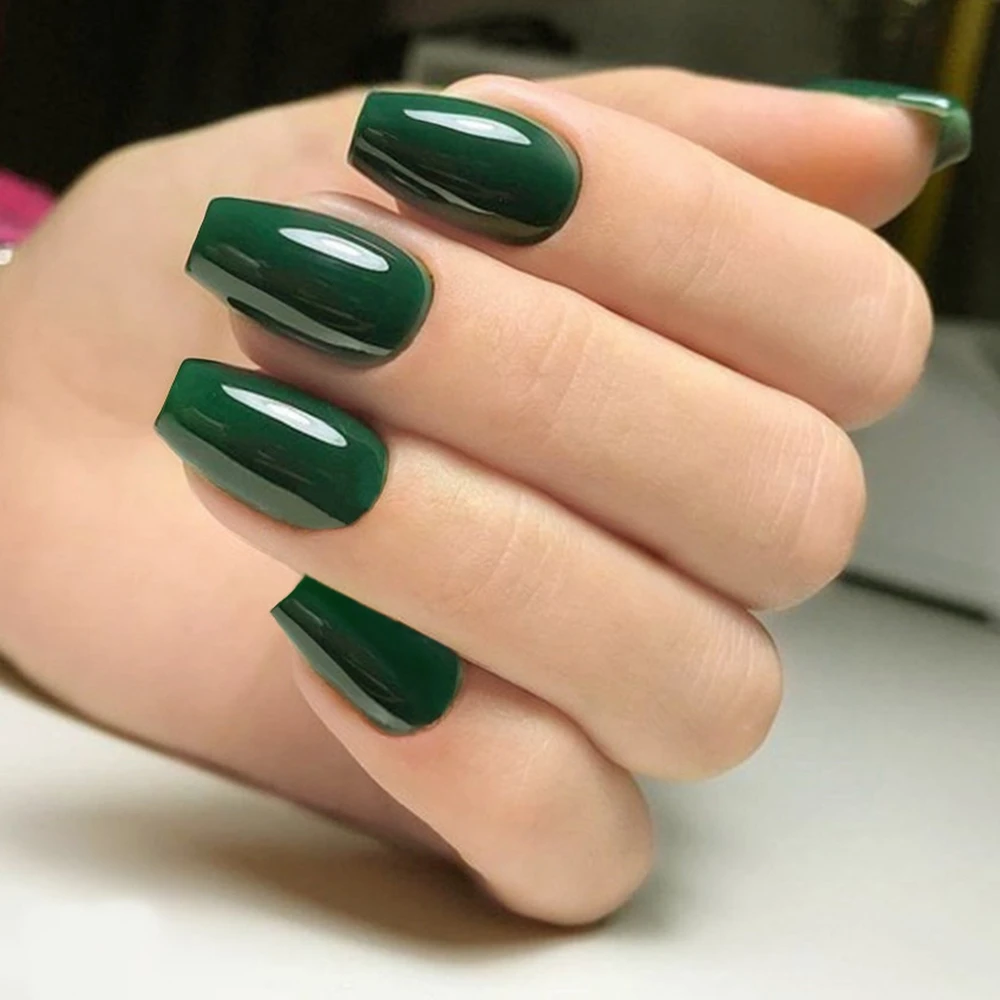 

24Pcs Shiny Dark Green Ballerina Coffin Fake Nails Short Size Artificial False Nail For Design Press On Fingernail Manicure Tool