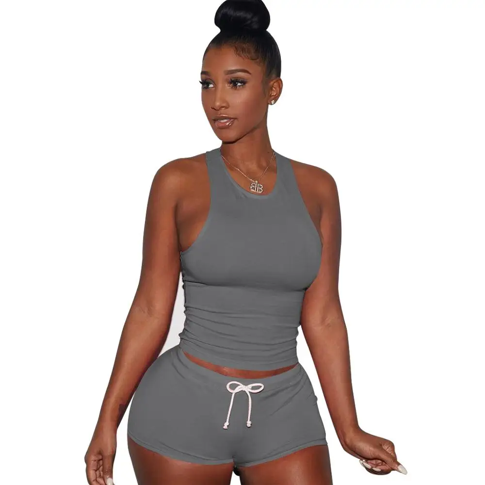 

women sports Short Tracksuits Cami Crop Top With Shorts Set Summer Slim Two Piece Set Lady Hollow Out Skinny Short Tracksuits