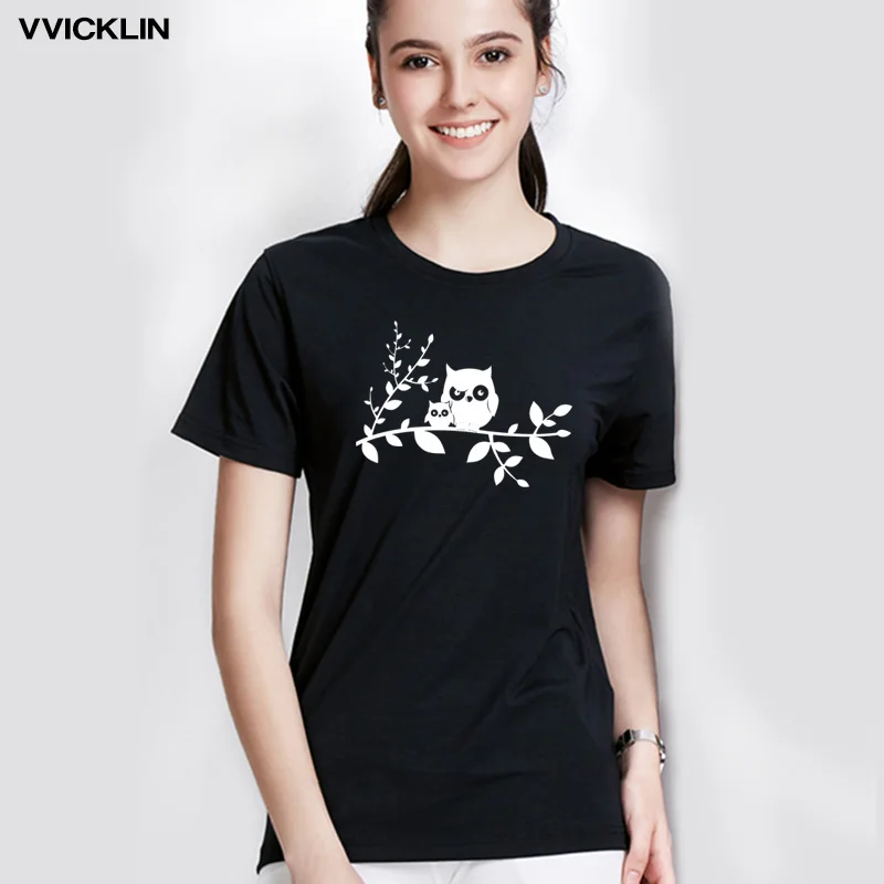 

Chinese Style Cartoon Owl Family Birds on Tree Branch Fashion Print T Shirt Women's Summer Cotton Short Sleeve O-neck T-shirt