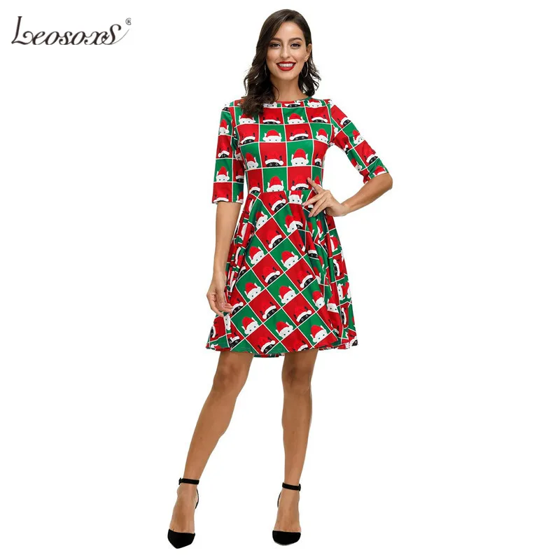 

Christmas Dress New Year Family Party Dresses Women Casual Vestidos Autumn Red Big Swing Santa Claus Print Vintage A-Line Dress
