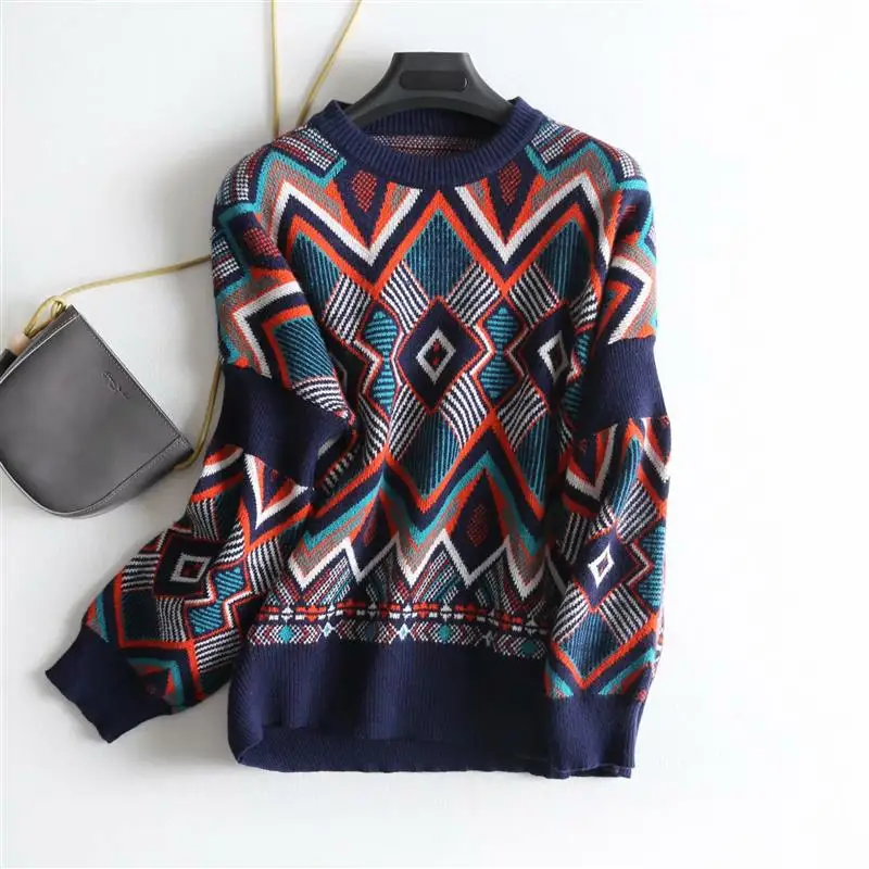 TMODA297 2021 этнический контрастный цвет геометрический вязаный свитер винтажный