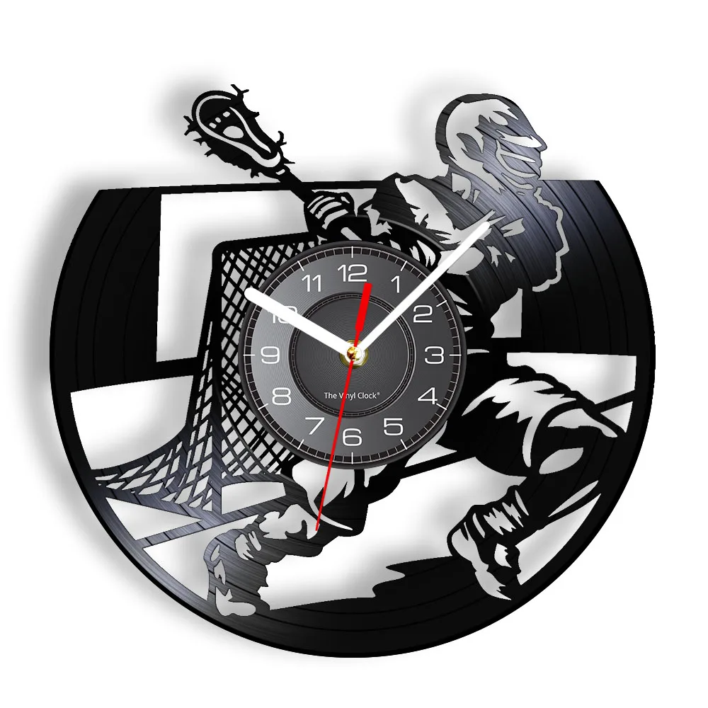 

Lacrosse Player Champion Vinyl Album Re-purposed Record Clock Boy Man Cave Room Sport Decor Silent Non Ticking Clock Wall Watch