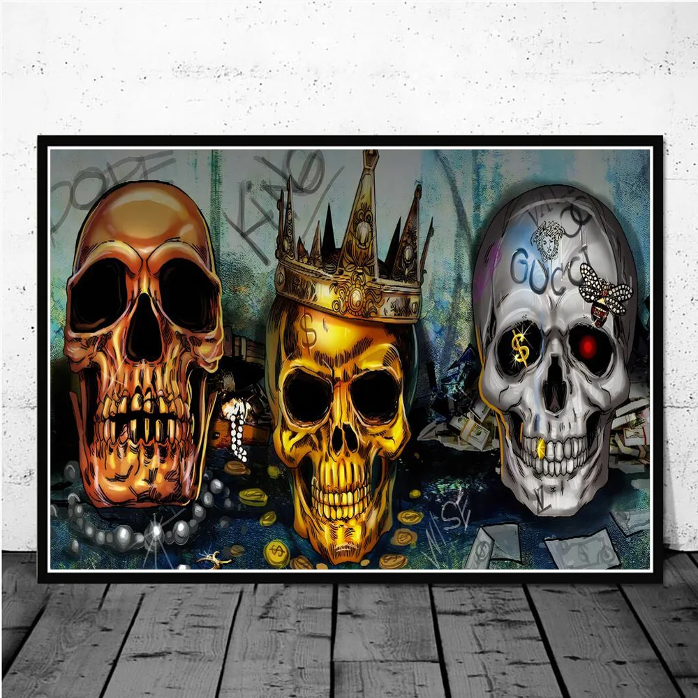 

Luxury Golden Silver Skull With Jewelry Wall Decor Poster And Prints Crown Canvas Art Painting For Living Room Home Decoration