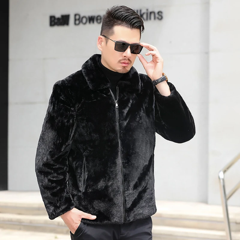 

New Winter Imitation Mink Fur Coats Men Jacket Thick Turn Down Collar Hooded Faux Fur Jacket Male Black Overcoat