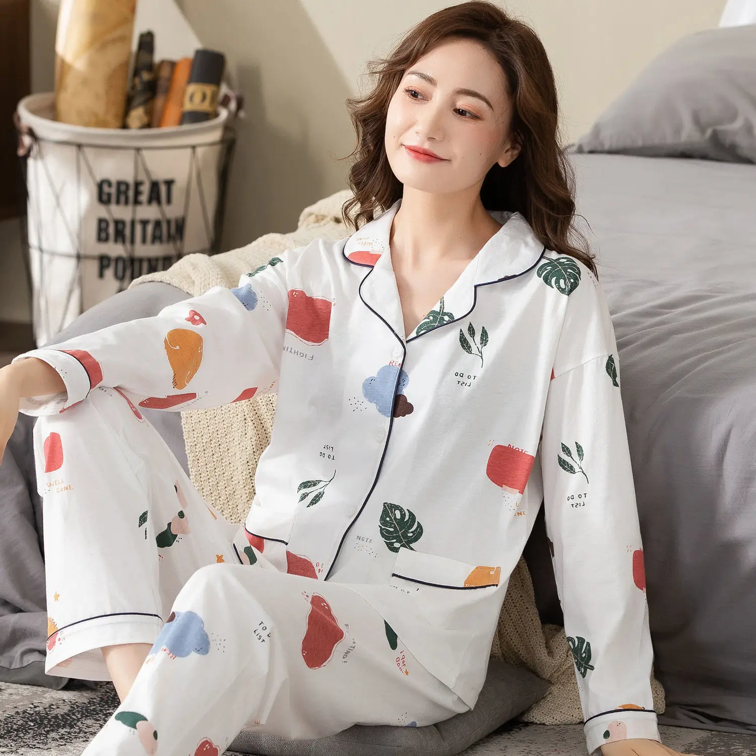 

Pyjamas Ladies Knitted Cotton Pajamas Spring Autumn Home Wear Hit Color Cardigan Lapel Two-piece Suit 100% Cotton Soft Sleepwear