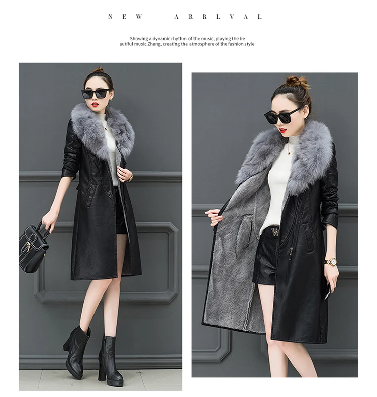 Pu Leather Women Plus Velvet Thickening Long Section Winter Fashion New Large Fur Collar Warm Leather Jacket Tide HHH00163