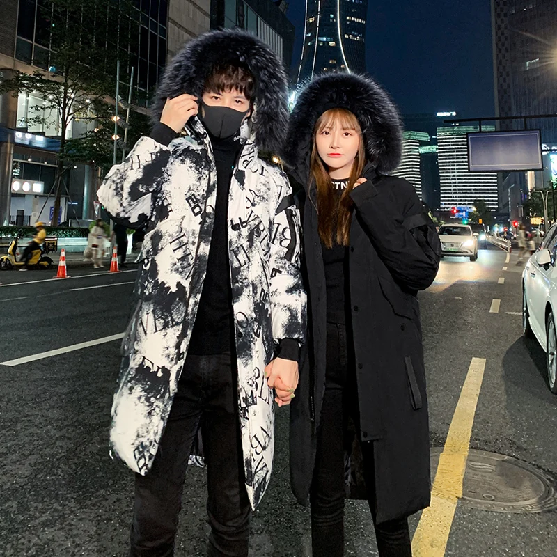 Mens down jacket new stylish medium and long Korean version thickened youth hooded casual men's coat with large fur collar