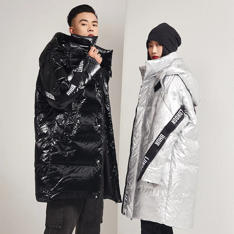 2021 new down jacket men's long fashion brand handsome hooded coat men loose thickened warm coat bright white duck down coubles